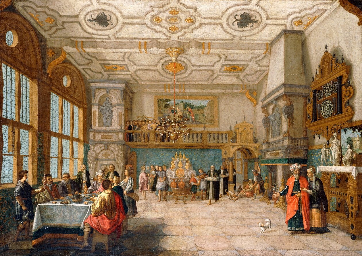 Łazarz przy drzwiach sali bankietowej z eleganckimi postaciami Jadalnia, 1622 autorstwa Nicolaes de Gyselaer