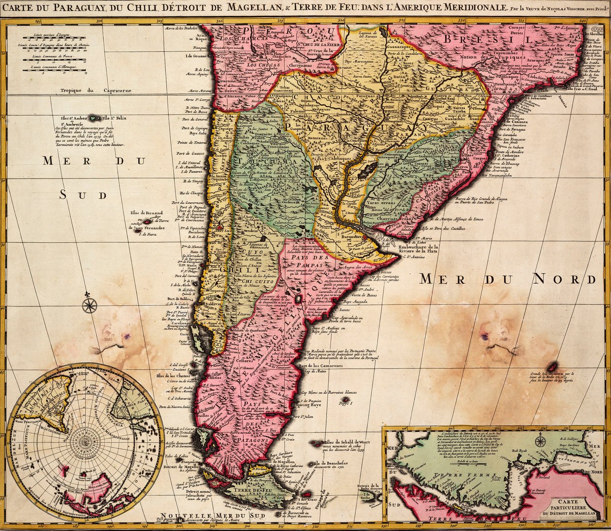 Mapa Paragwaju, Chile, Cieśniny Magellana i Ziemi Ognistej w Ameryce Południowej, ok. 1720 r. (kolorowa rycina) autorstwa Nicolaes the Younger Visscher