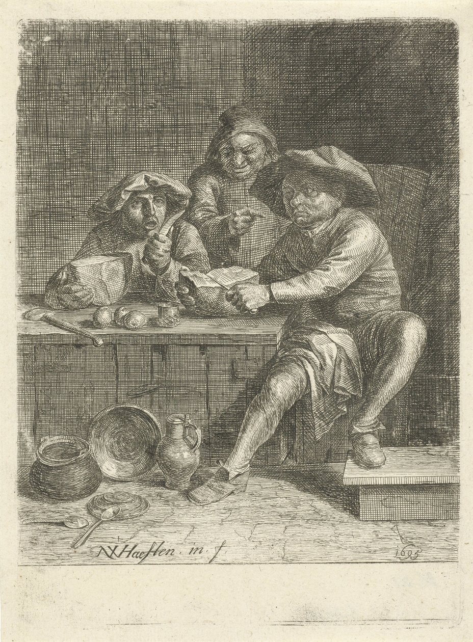 Rolnicy przy stole z chlebem autorstwa Nicolaes van Haeften