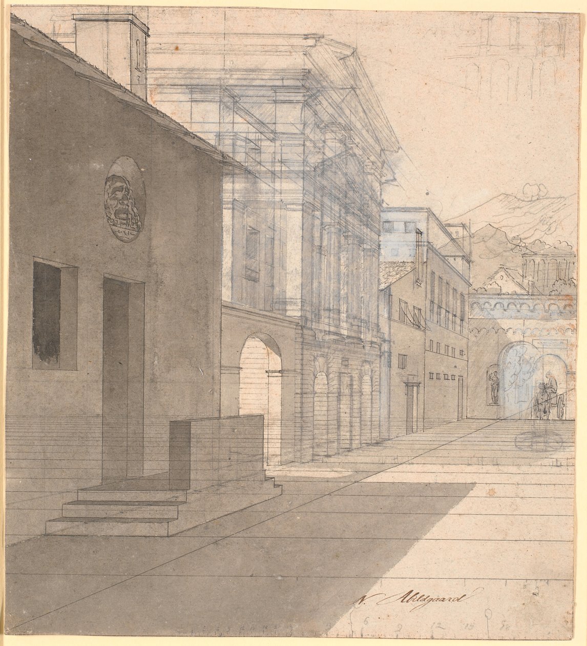 Studium perspektywiczne architektury na obrazie położnej opuszczającej dom Androspigen autorstwa Nicolai Abildgaard