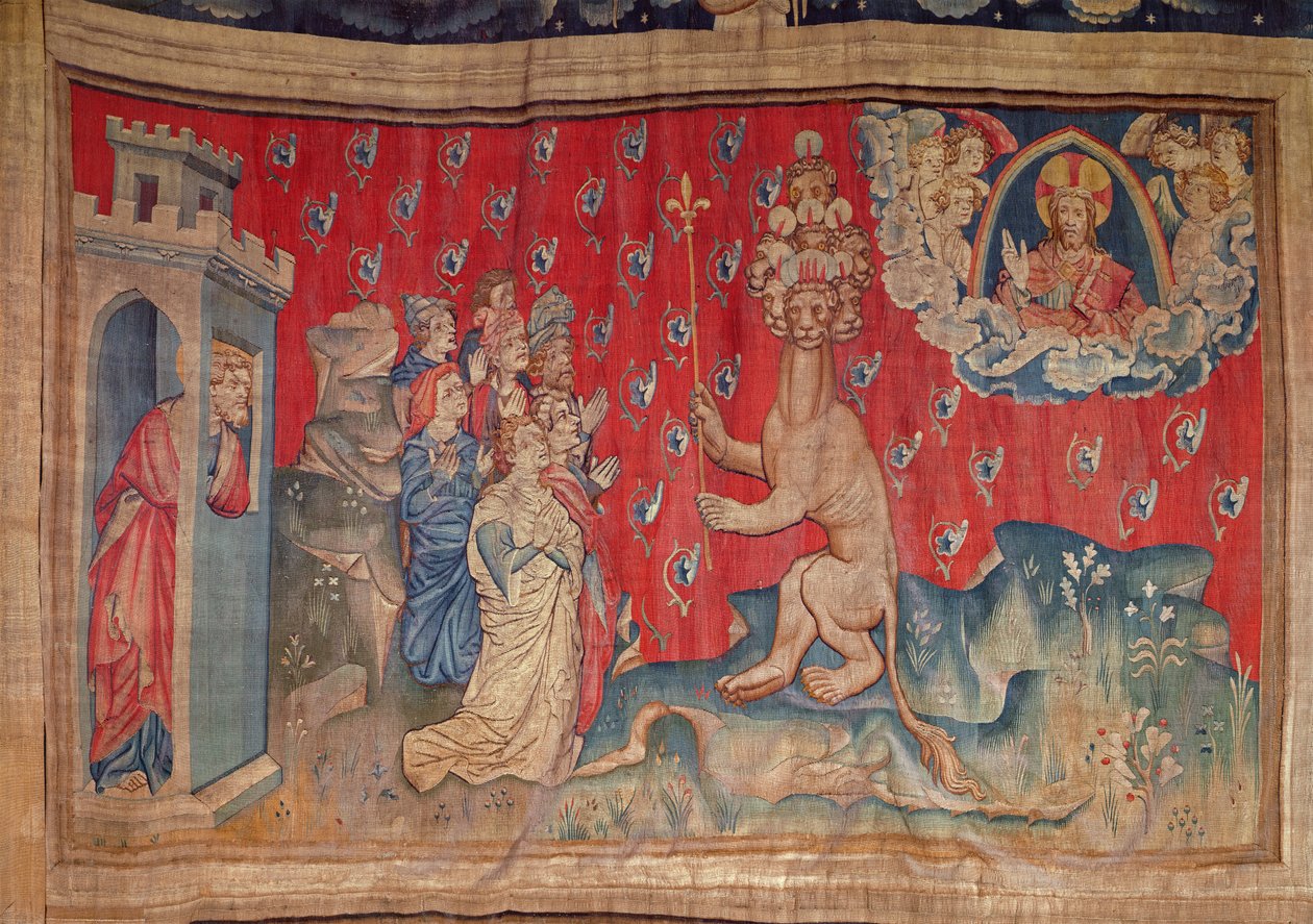 Adoracja Bestii, z gobelinu Apocalypse of Angers, 1373-87 (gobelin) autorstwa Nicolas Bataille