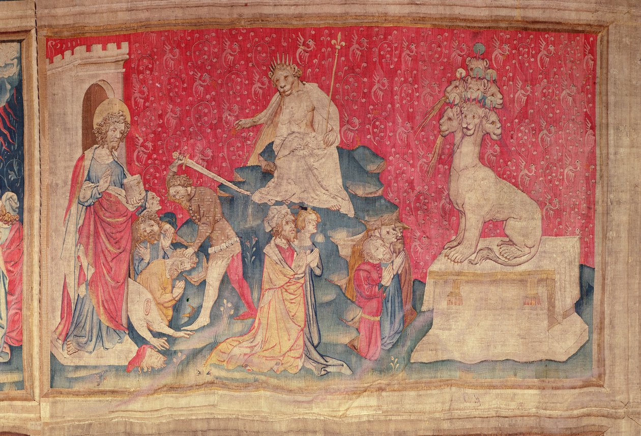 Adoracja wizerunku Bestii, z arrasów Apokalipsy w Angers, 1373-87 (arras) autorstwa Nicolas Bataille