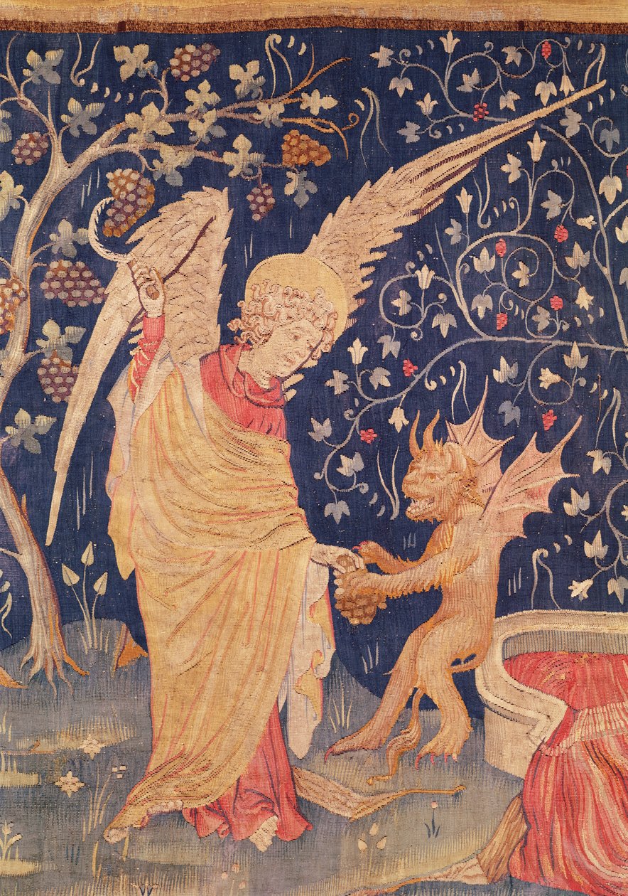 Anioł z kiścią winogron i demonem, fragment z Gobelinu Apokalipsy, 1373-87 (gobelin) autorstwa Nicolas Bataille