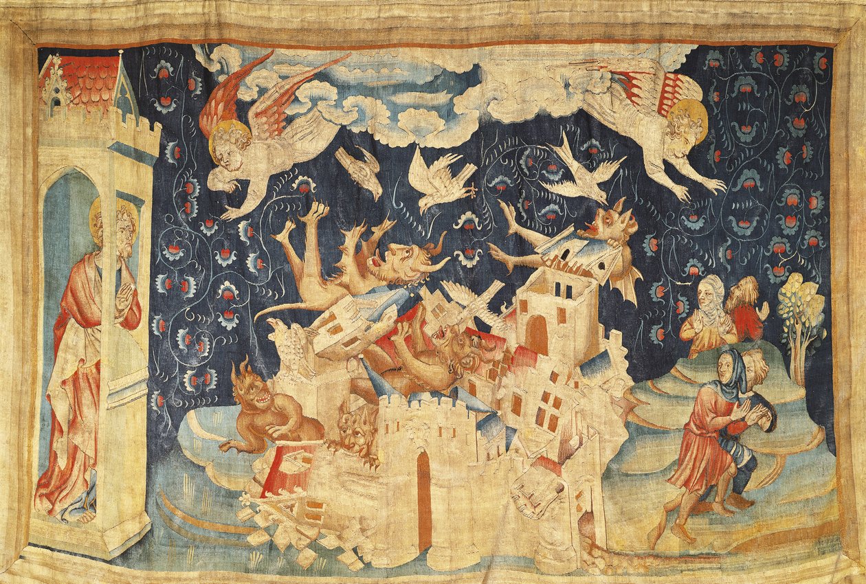 Babilon najechany przez demony, nr 66 z „Apokalipsy gniewu”, 1373-87 (gobelin) autorstwa Nicolas Bataille
