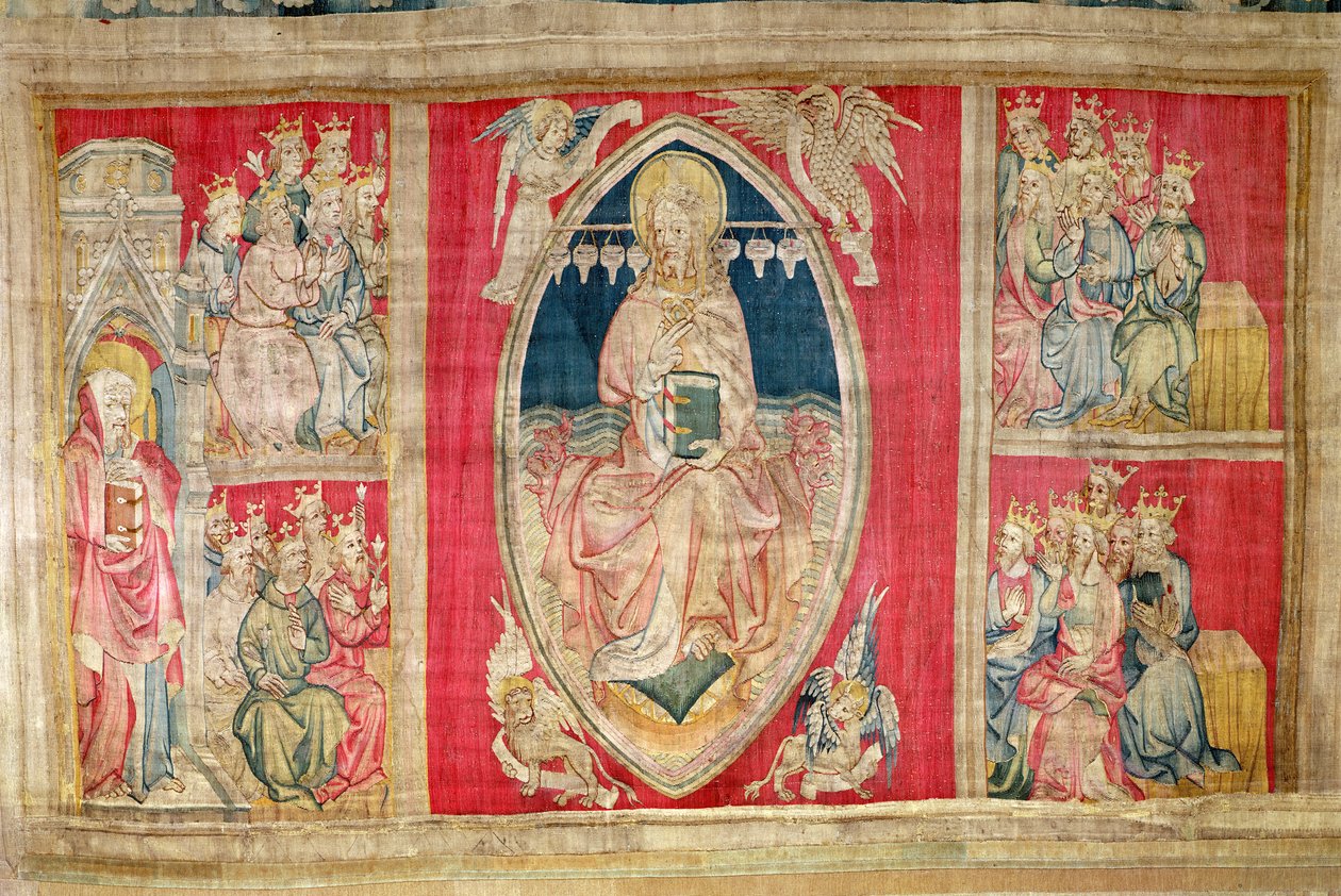 Chrystus na tronie z apokaliptycznymi bestiami i dwudziestoma czterema starszymi, nr 4 z „Apokalipsy gniewu”, 1373-87 (gobelin) autorstwa Nicolas Bataille