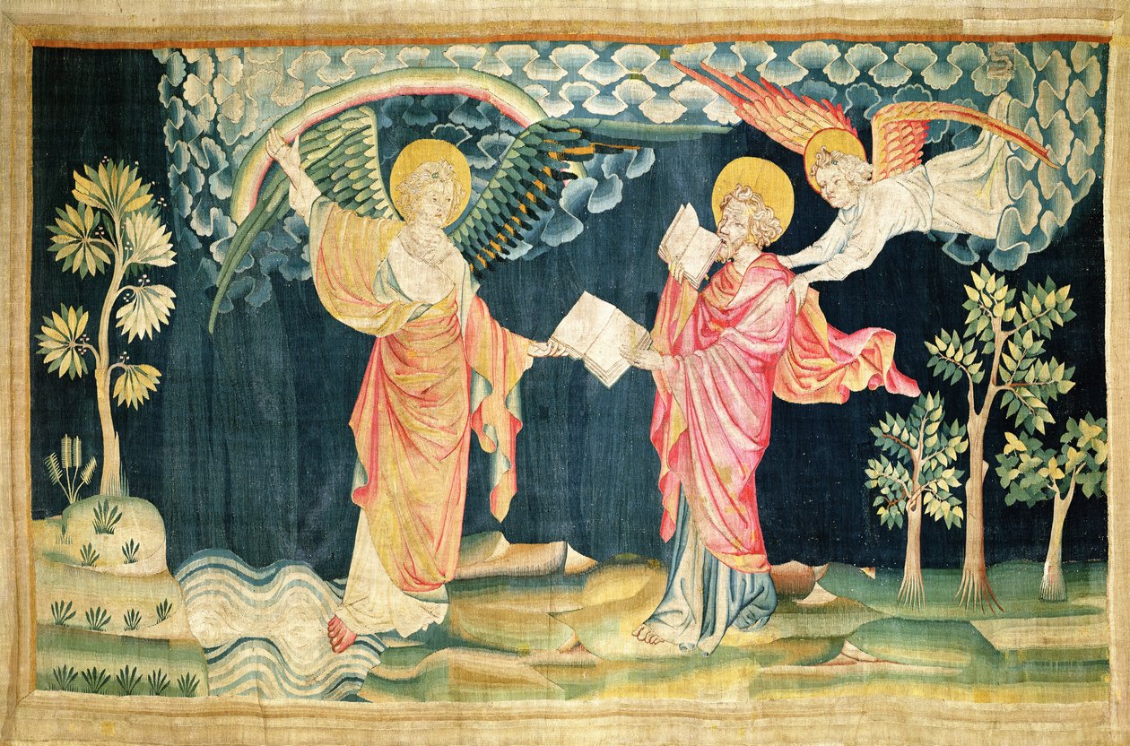 Św. Jan jedzący księgę, nr. 28 z „Apokalipsy gniewu”, 1373-87 (gobelin) autorstwa Nicolas Bataille