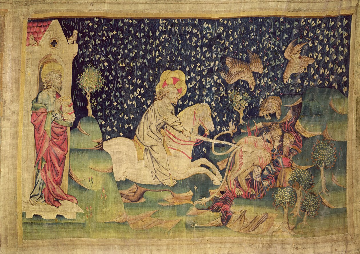 Bestia wrzucona do jeziora siarki, z "Apokalipsy z Angers", 1373-87 (gobelin) autorstwa Nicolas Bataille