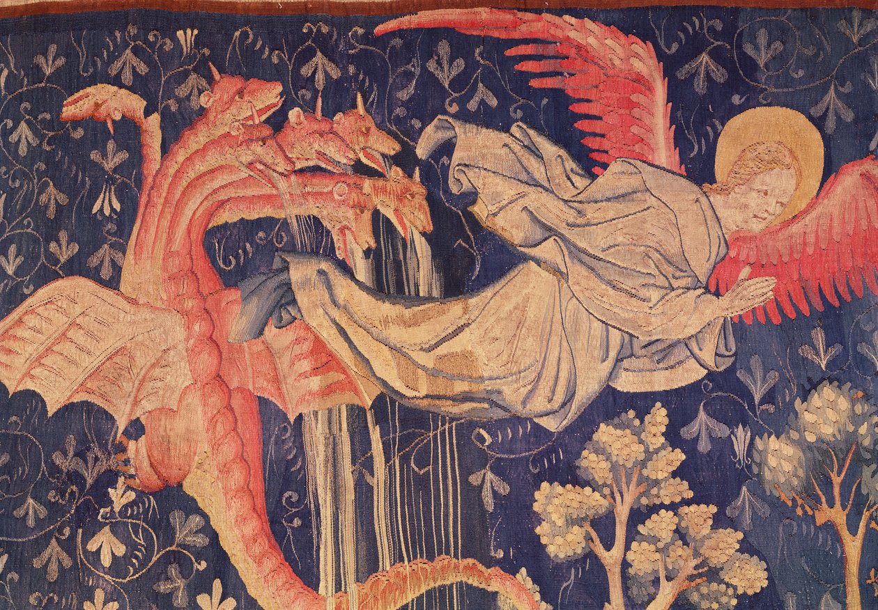 Smok ściga kobietę, fragment smoka plującego wodą, z gobelinu Apocalypse of Angers, 1373-87 gobelin autorstwa Nicolas Bataille
