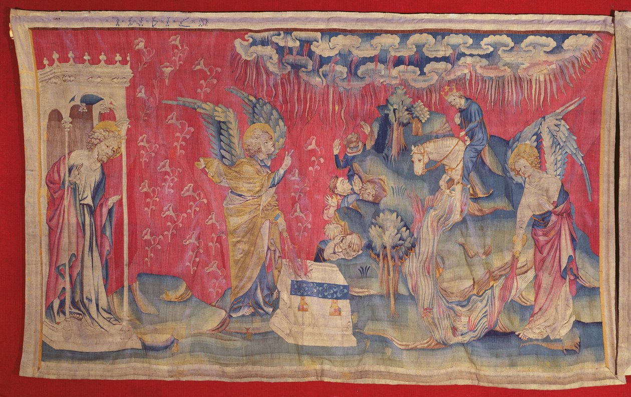 Piąta i szósta kolba: Piąty i szósty anioł wylewają swoje flaszki na tron i do rzeki Eufrat, z Apokalipsy, gobelin z Angers, 1373-1387 (gobelin) autorstwa Nicolas Bataille