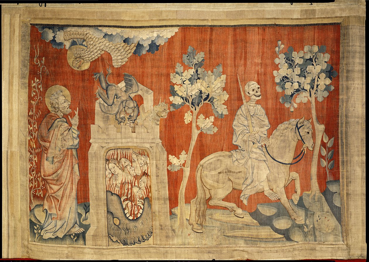 Otwarcie czwartej pieczęci przedstawiającej śmierć na bladym koniu, nr 12 z „Apokalipsy gniewu”, 1373-87 (gobelin) autorstwa Nicolas Bataille