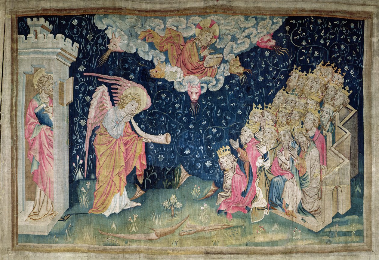Dźwięk siódmej trąby i śpiew dwudziestu czterech starszych, nr 34 „Apokalipsy gniewu”, 1373-87 (gobelin) autorstwa Nicolas Bataille