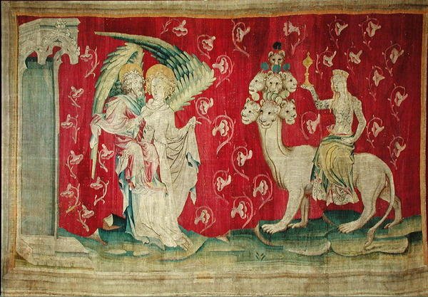 Nierządnica jadąca na bestii, nie. 65 z Apokalipsy gniewu, 1373-87 autorstwa Nicolas Bataille