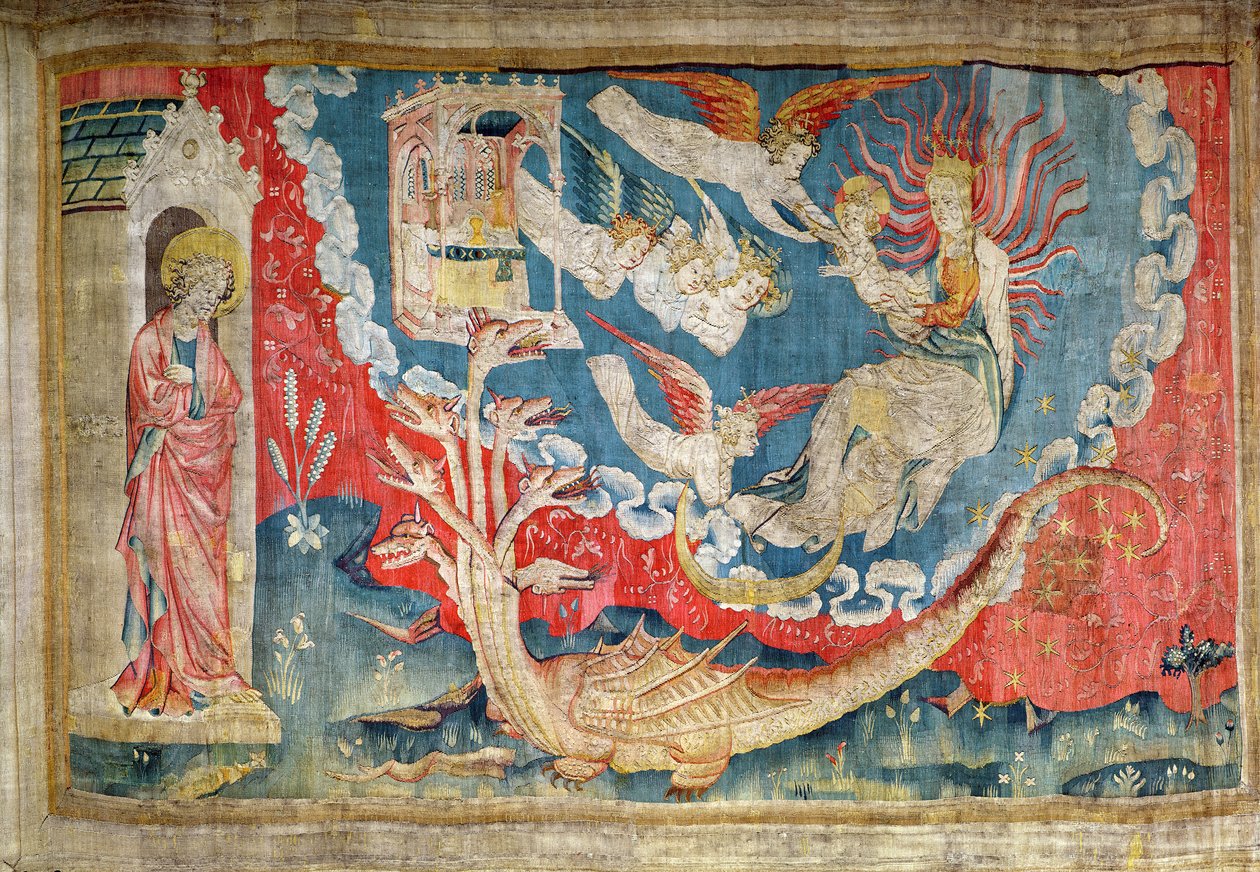 Kobieta rodząca i wielki smok czekający, by pożreć niemowlę, nr 35 z „Apokalipsy gniewu”, 1373-87 (gobelin) autorstwa Nicolas Bataille