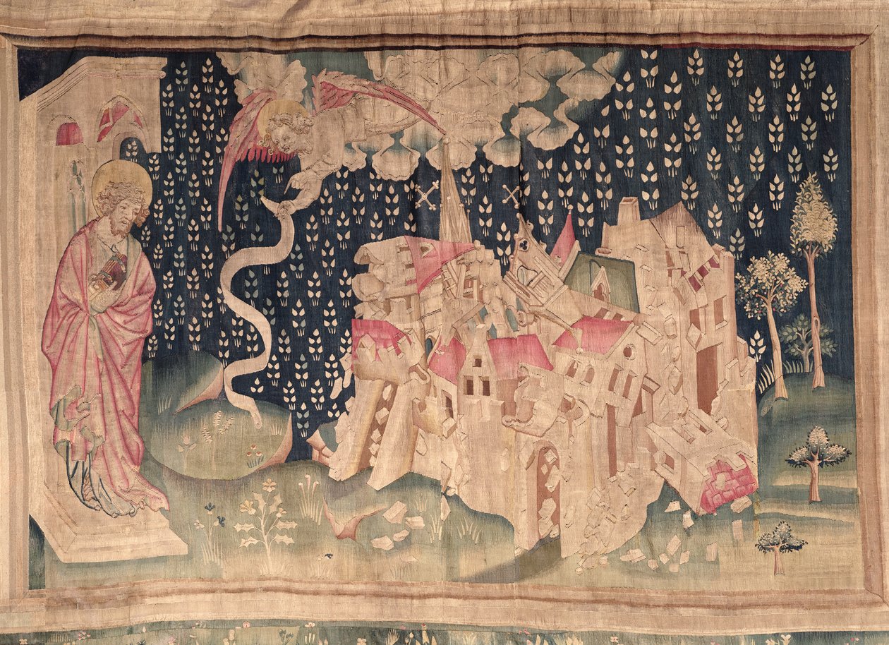 Drugi anioł zapowiada upadek Babilonu, nr 50 z „Apokalipsy gniewu”, 1373-87 (gobelin) autorstwa Nicolas Bataille
