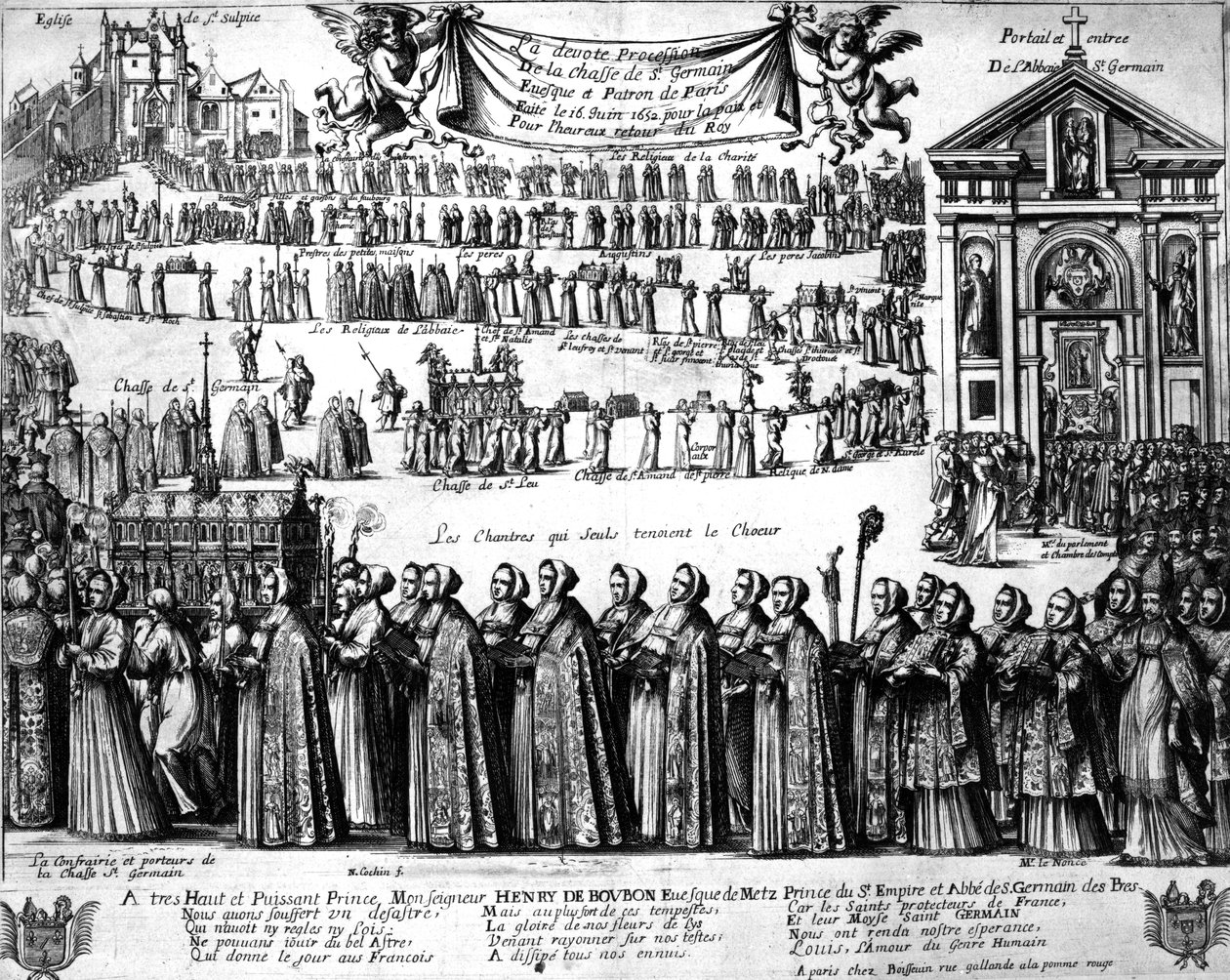 Procesja z sanktuarium św. Germaina i innych z opactwa Saint-Germain-des-Prés do kościoła Saint-Sulpice, Paryż, ok. 1652 r. autorstwa Nicolas Cochin