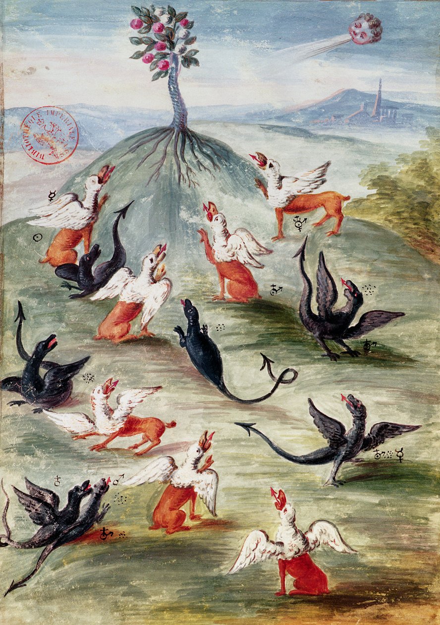 Pani ks. 14765 f.20-21 „Piękny kwiat na górze”, alegoryczna ilustracja przedstawiająca chimery reprezentujące procesy alchemiczne rzekomo napisane i oświetlone przez Nicolasa Flamela (ok. 1330-1418) (v autorstwa Nicolas Flamel