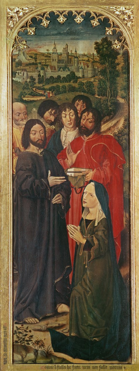 Tryptyk Zmartwychwstanie Łazarza, lewy panel Marty klęczącej przed Chrystusem, 1461 autorstwa Nicolas Froment