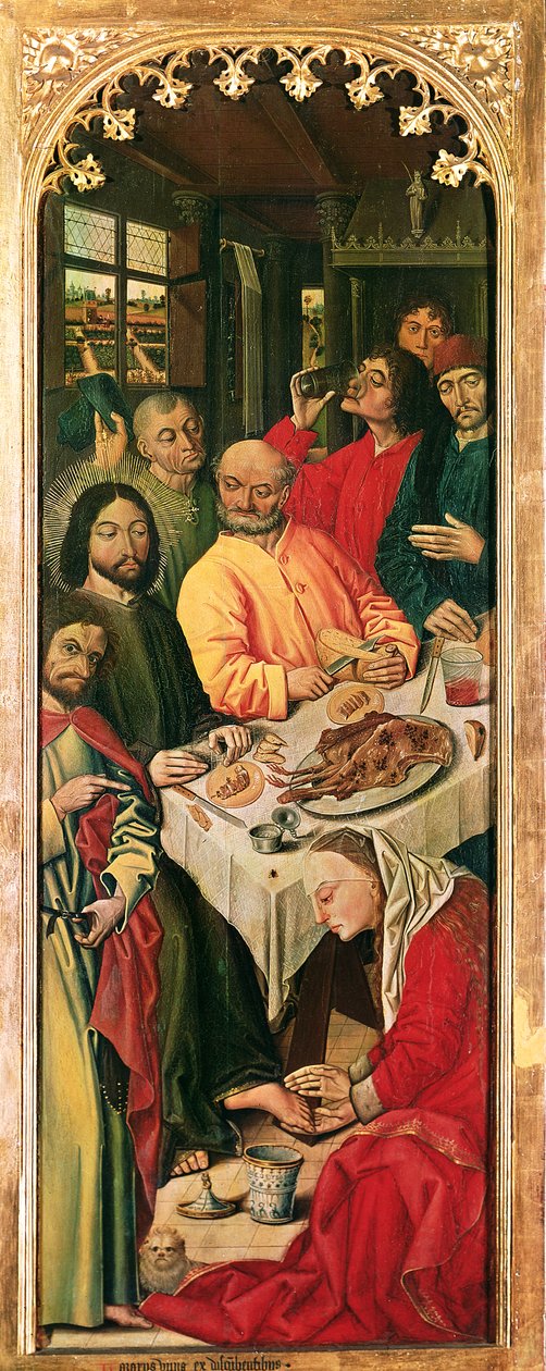 Tryptyk Zmartwychwstanie Łazarza, prawy panel przedstawiający Marię Magdalenę obmywającą stopy Chrystusa, 1461 autorstwa Nicolas Froment