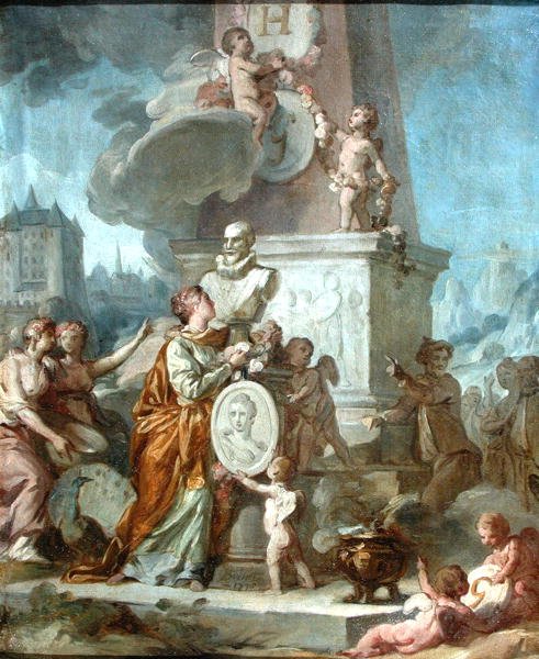 Scena alegoryczna wokół Popiersia Henryka IV (1553-1610) króla Francji i medalionu portretowego hrabiny de Gramont, 1776 autorstwa Nicolas Guy Brenet