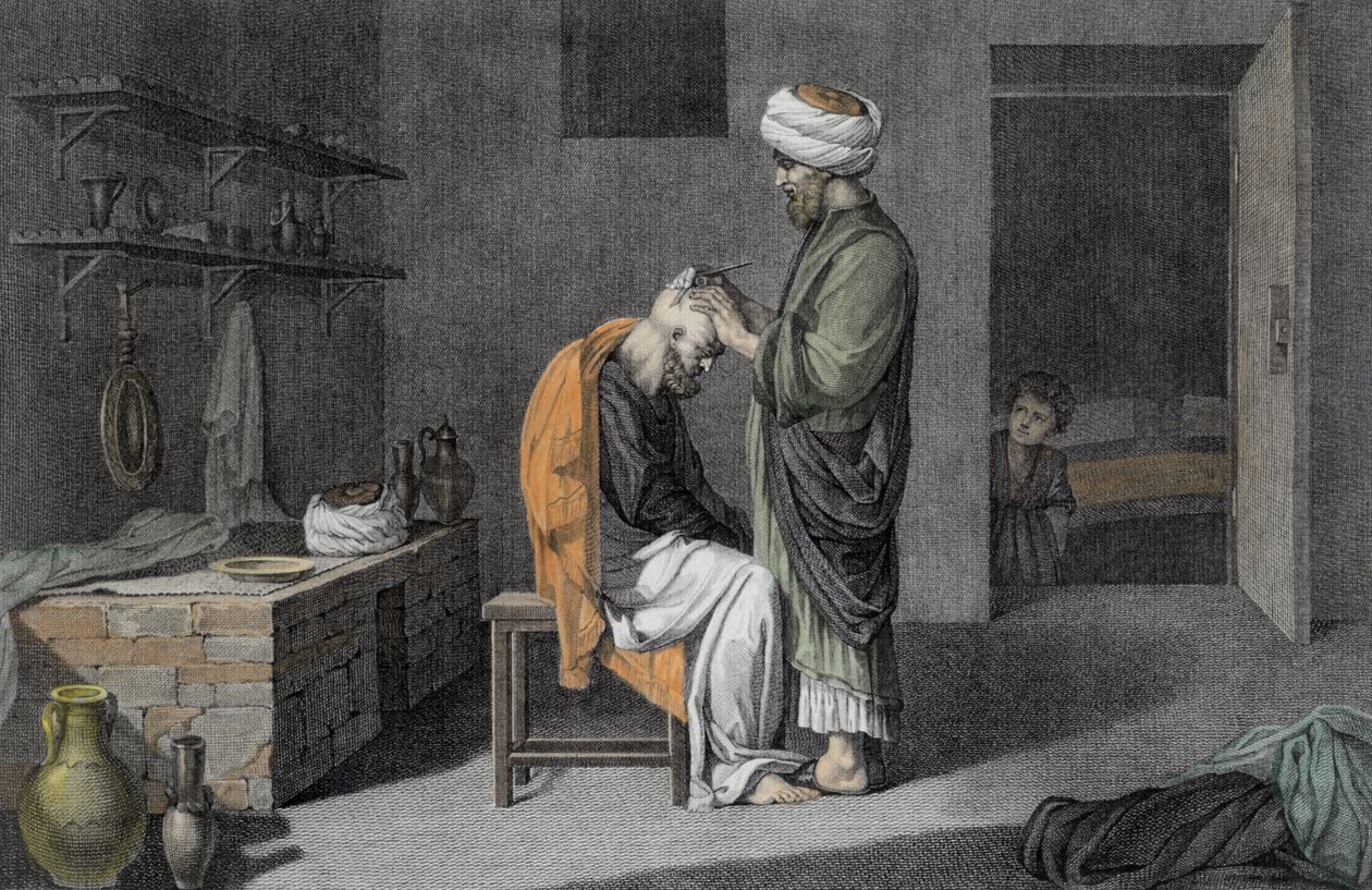 Cyrulik, z tomu II Sztuka i rzemiosło „Opis Egiptu”, ryty przez Etienne Frederica Lignona (1779-1833) wyd. pod rozkazami Napoleona, 1822 (późniejsze zabarwienie) autorstwa Nicolas Jacques Conte