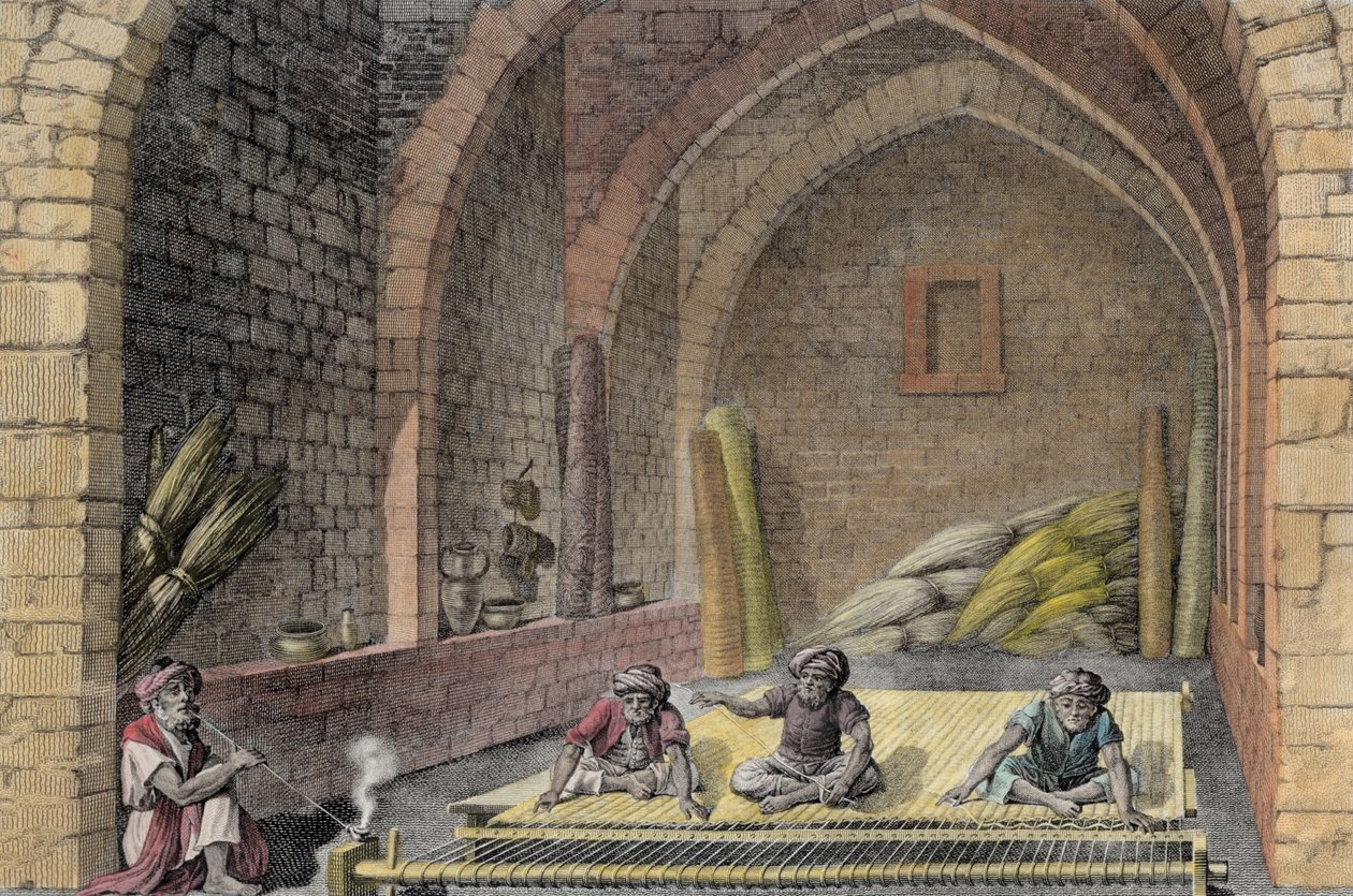 Tkanie dywanu, z tomu II Sztuka i rzemiosło „Opis Egiptu”, wyd. pod rozkazami Napoleona, 1822 (późniejsze zabarwienie) autorstwa Nicolas Jacques Conte