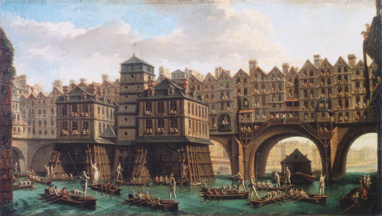 Joust des mariners pomiędzy Pont-Notre-Dame i Pont-au-Change autorstwa Nicolas Jean Baptiste Raguenet