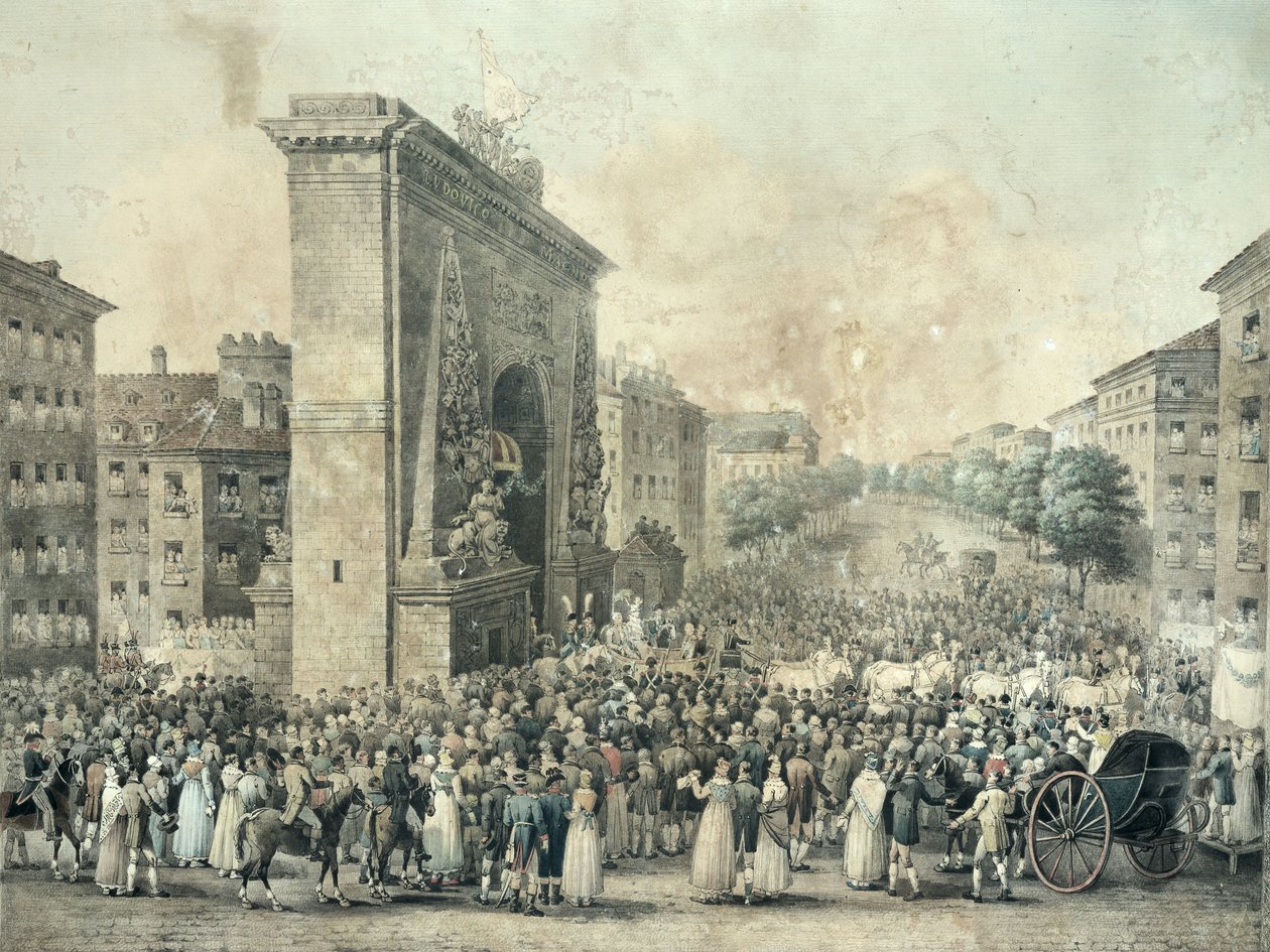 Wejście Ludwika XVIII (1755-1824) przez Porte Saint-Denis, 1814 (pióro i atrament i toaleta na papierze) autorstwa Nicolas Joseph Vergnaux