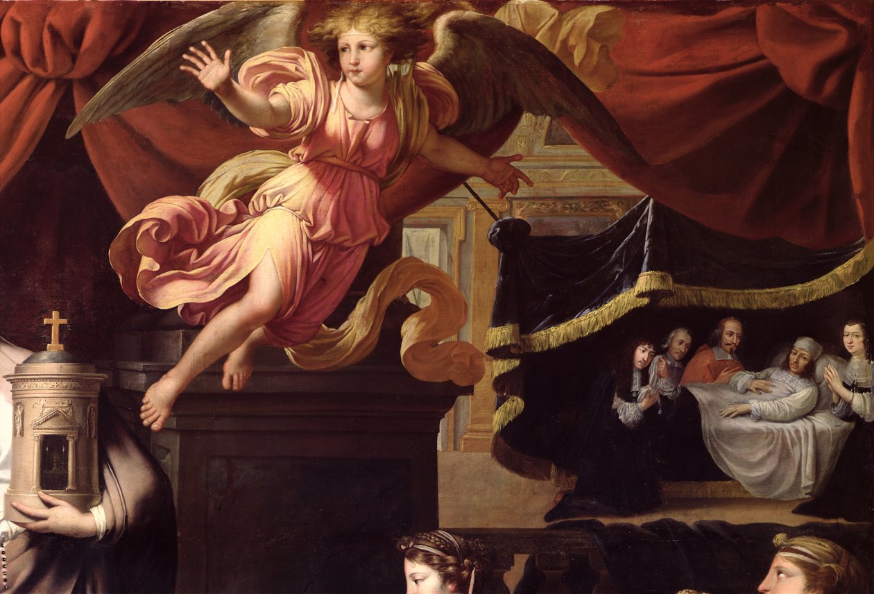 Ex-voto na chorobę Ludwika XIV (1638-1715) w Calais, lipiec 1658, fragment anioła i Ludwika na łożu śmierci autorstwa Nicolas Mignard