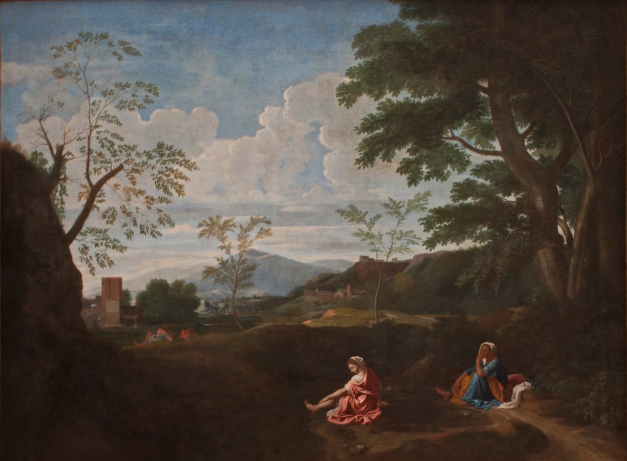 Krajobraz z kobietą myjącą stopy autorstwa Nicolas Poussin