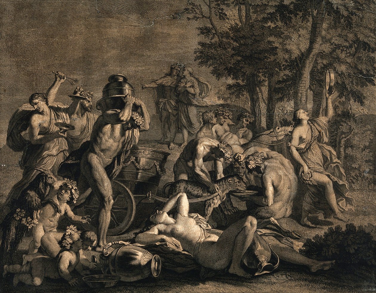 Spotkanie bachanalijskie z ciągnącymi się lampartami autorstwa Nicolas Poussin