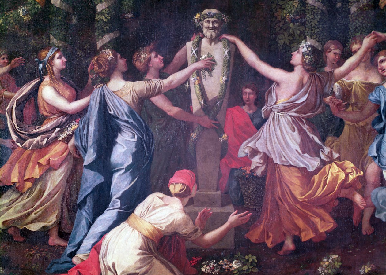 Fragment Hymenaiosa przebranego za kobietę podczas składania ofiary Priapowi, ok. 1634–38 autorstwa Nicolas Poussin