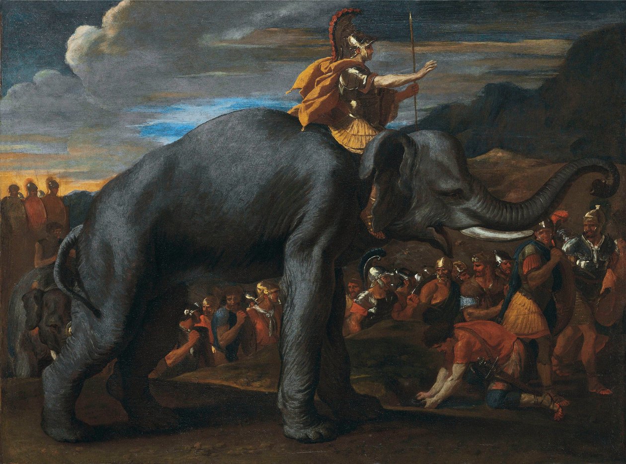 Hannibal przekraczający Alpy na grzbiecie słonia autorstwa Nicolas Poussin