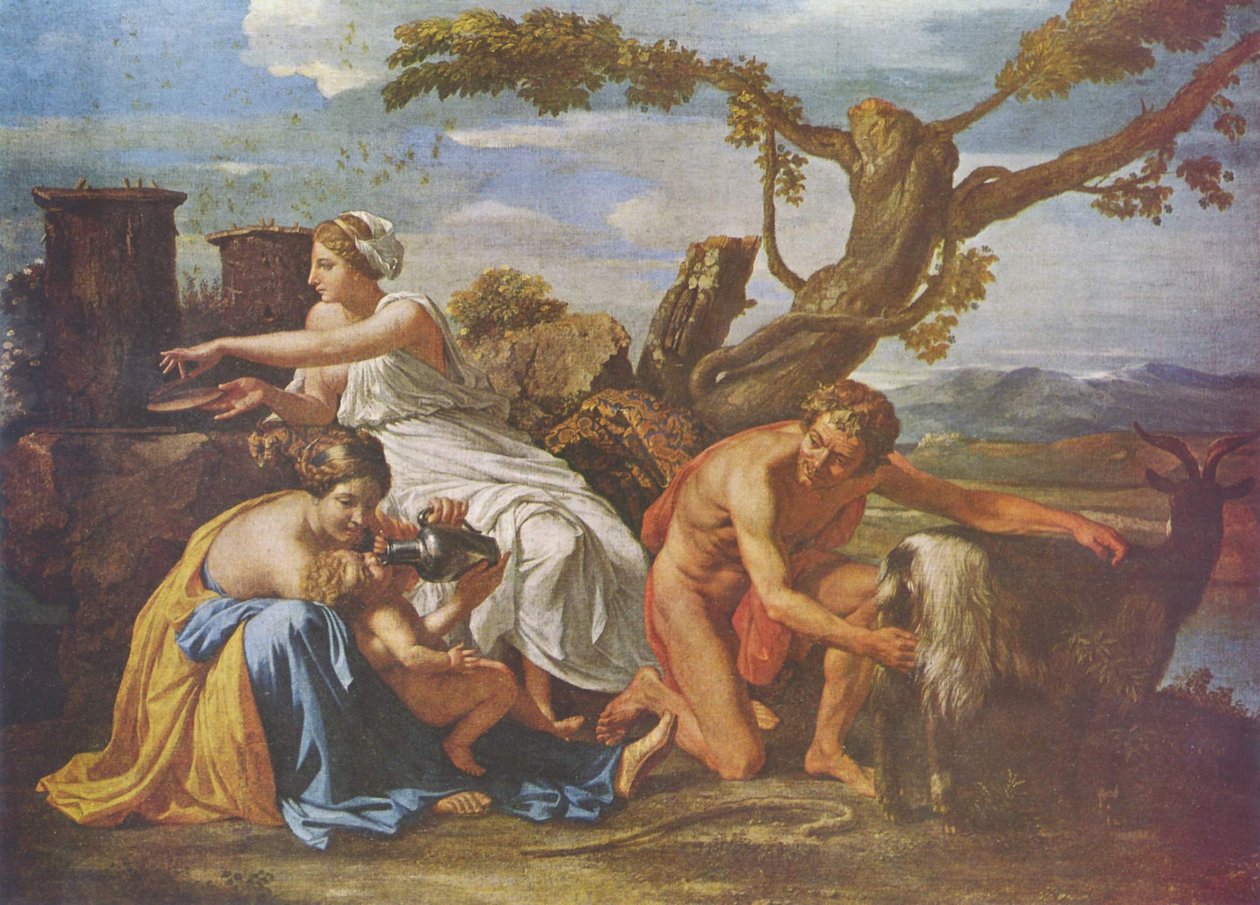 Jako dziecko Jowisz był karmiony przez kozę Amalthea autorstwa Nicolas Poussin