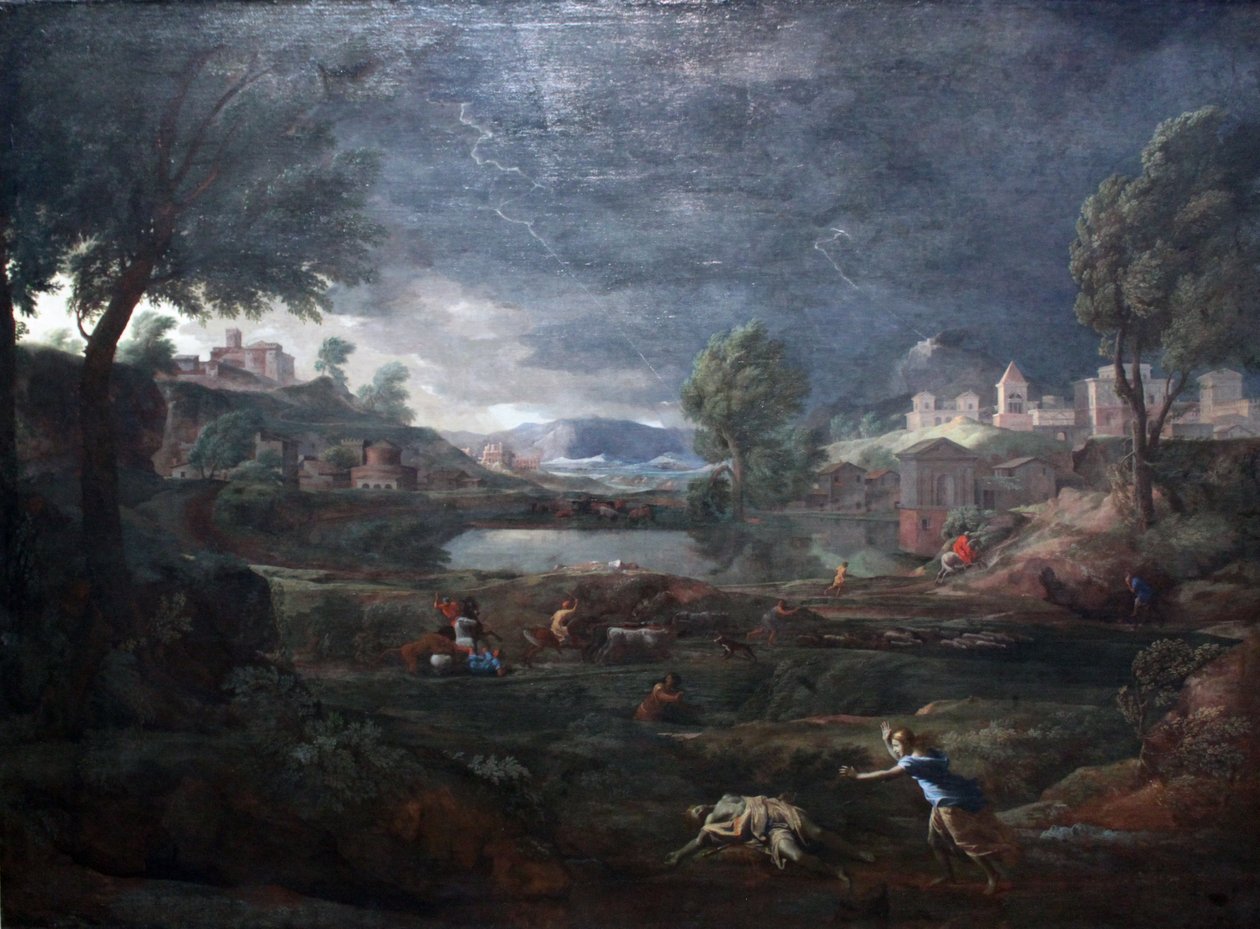 Krajobraz podczas burzy z piorunami z Pyramus i Thisbe autorstwa Nicolas Poussin