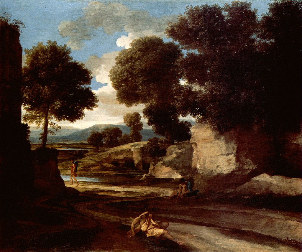 Krajobraz z odpoczywającymi podróżnikami autorstwa Nicolas Poussin