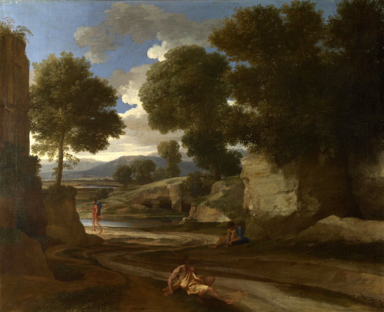 Krajobraz z odpoczywającymi podróżnikami, ok. 1638 autorstwa Nicolas Poussin