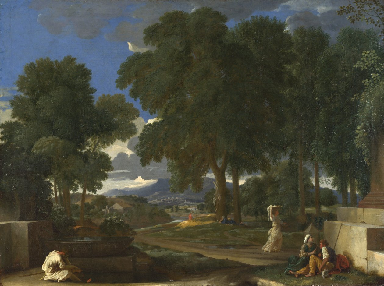 Krajobraz z mężczyzną myjącym stopy przy fontannie, 1648 autorstwa Nicolas Poussin