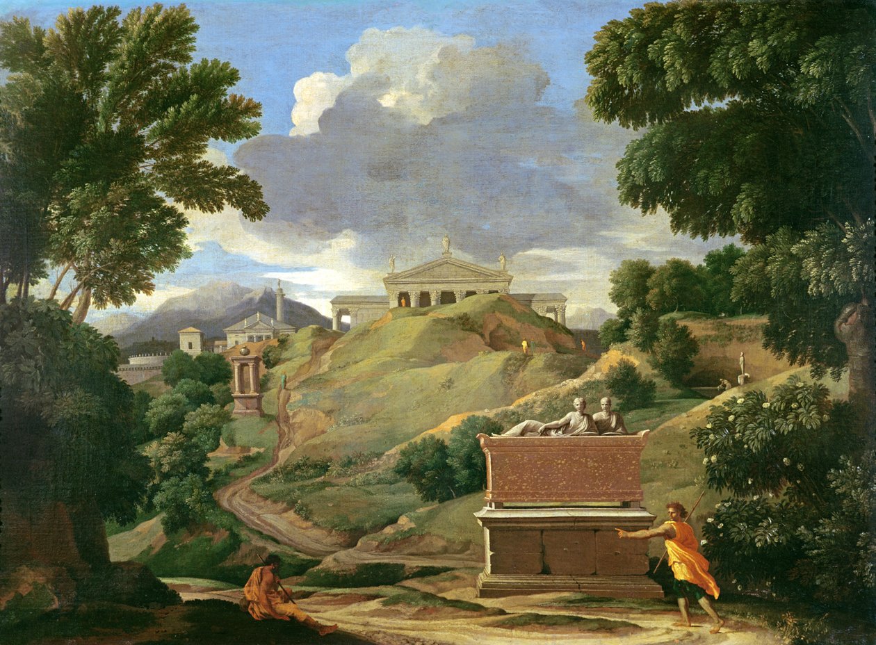 Krajobraz z klasycznymi ruinami i sarkofagiem etruskim, ok.1634 autorstwa Nicolas Poussin