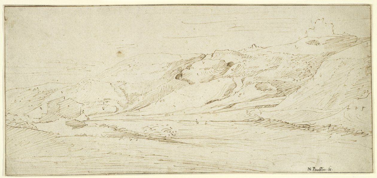 Górski krajobraz z dwoma domami (pióro i atrament z praniem na papierze) autorstwa Nicolas Poussin