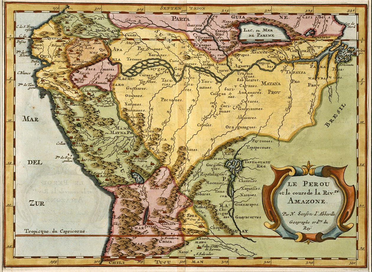 Mapa dorzecza Amazonki, 1680 (ręcznie kolorowane grawerowanie) autorstwa Nicolas Sanson