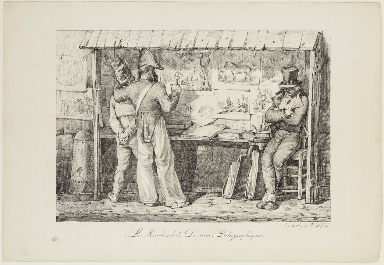 Le marchand de dessins litographiques, między 1818 a 1819 (litografia wydrukowana czarnym tuszem na papierze tkanym) autorstwa Nicolas Toussaint Charlet