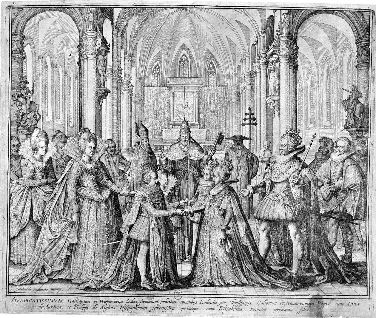 Podwójne małżeństwo w 1615 Ludwika XIII (1601-43) z Anną Austriaczką (1601-66) i Filipa Austriackiego (1605-65) późniejszego Filipa IV Hiszpańskiego z Elżbietą Francuską (1602-44) autorstwa Nicolas de Mathoniere