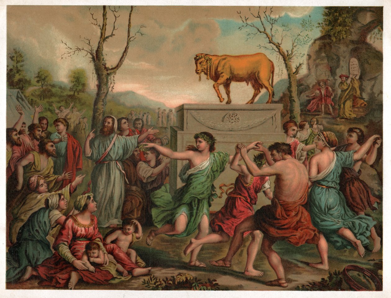 Adoracja złotego cielca. (Litografia, ok. 1900) autorstwa Nicolas (after) Poussin