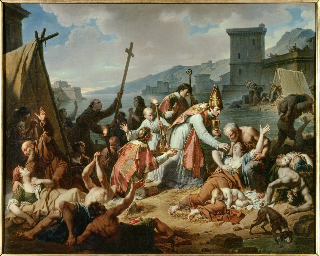 Pobożność prałata Belsunce podczas zarazy w 1720 r. w Marsylii. Obraz Nicolasa Monsiau (1754-1837) autorstwa Nicolas Andre Monsiau