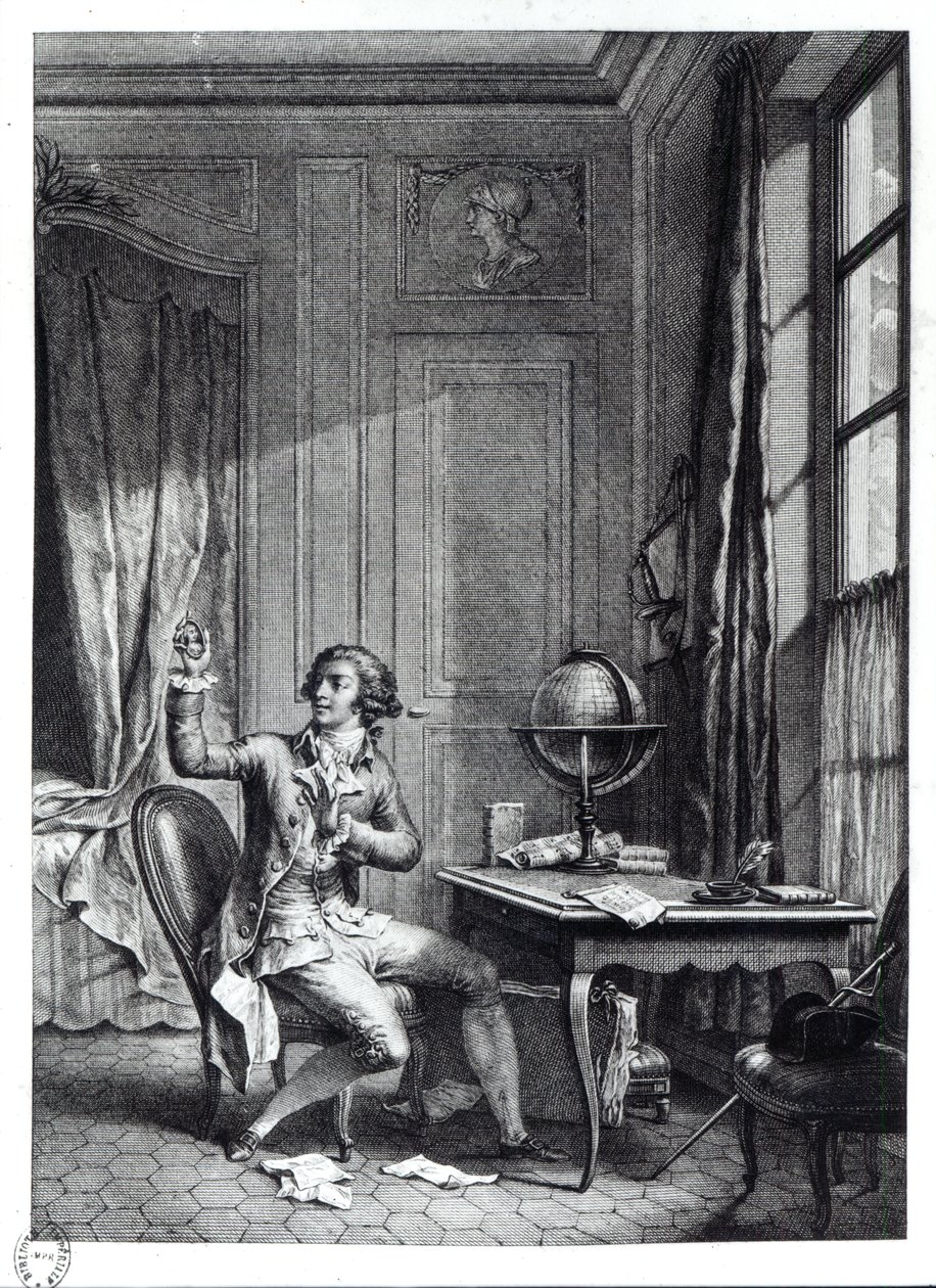 Św. Preux odbiera portret Julii, ilustracja z „La Nouvelle Heloise” Jean-Jacques Rousseau (1712-78) autorstwa Nicolas Andre Monsiau
