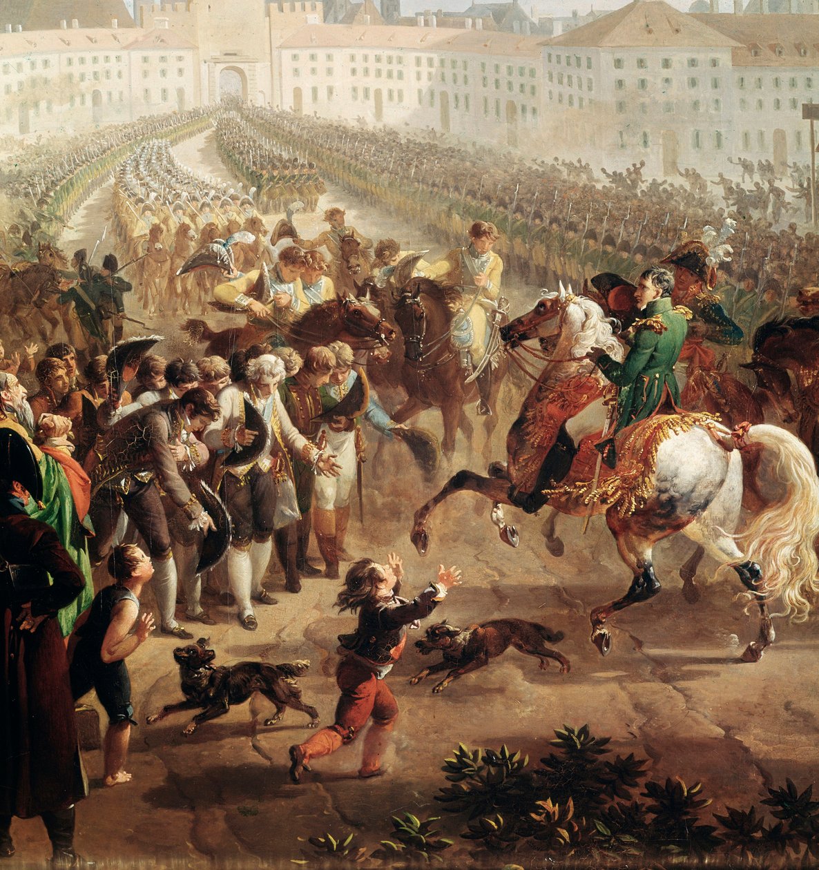 Armia francuska pod dowództwem Napoleona Bonaparte, wkraczająca do Monachium 24 października 1805 r. (Szczegóły malarskie autorstwa Nicolas Antoine Taunay