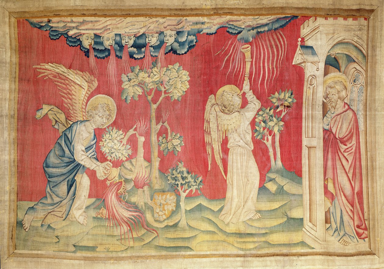 Anioł opróżniający kadzielnicę, nie. 19 z „Apokalipsy gniewu”, 1373-87 (gobelin) autorstwa Nicolas Bataille
