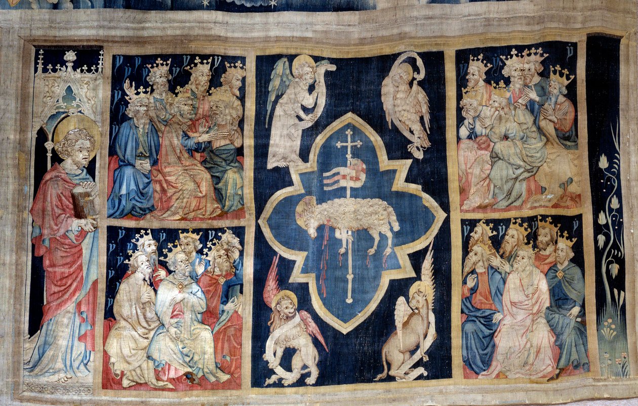 Kurtyna Objawienia (1373-1383), nr. 7: starsi oddają chwałę barankowi, symbolowi Chrystusa. Gobelin autorstwa Nicolasa Bataille