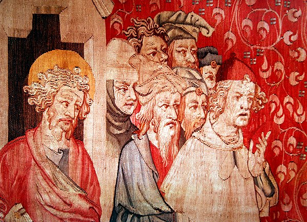 Zdjęcie mężczyzn słuchających anioła przepowiadającego im tortury, z "Apokalipsy Angersa", 1373-87 autorstwa Nicolas Bataille