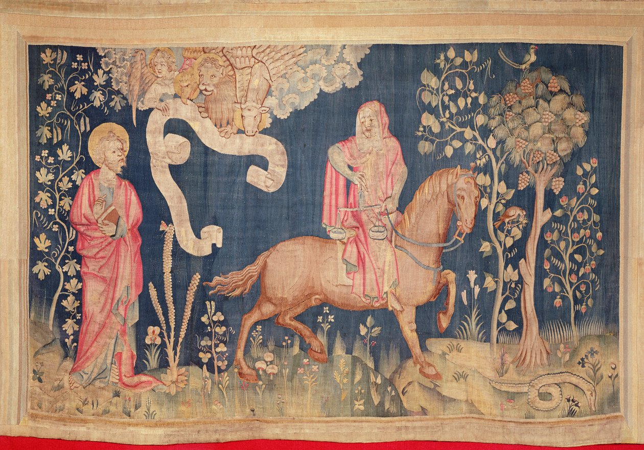 Głód na czarnym koniu, z gobelinu Apokalipsa w Angers, 1373-87 (gobelin) autorstwa Nicolas Bataille